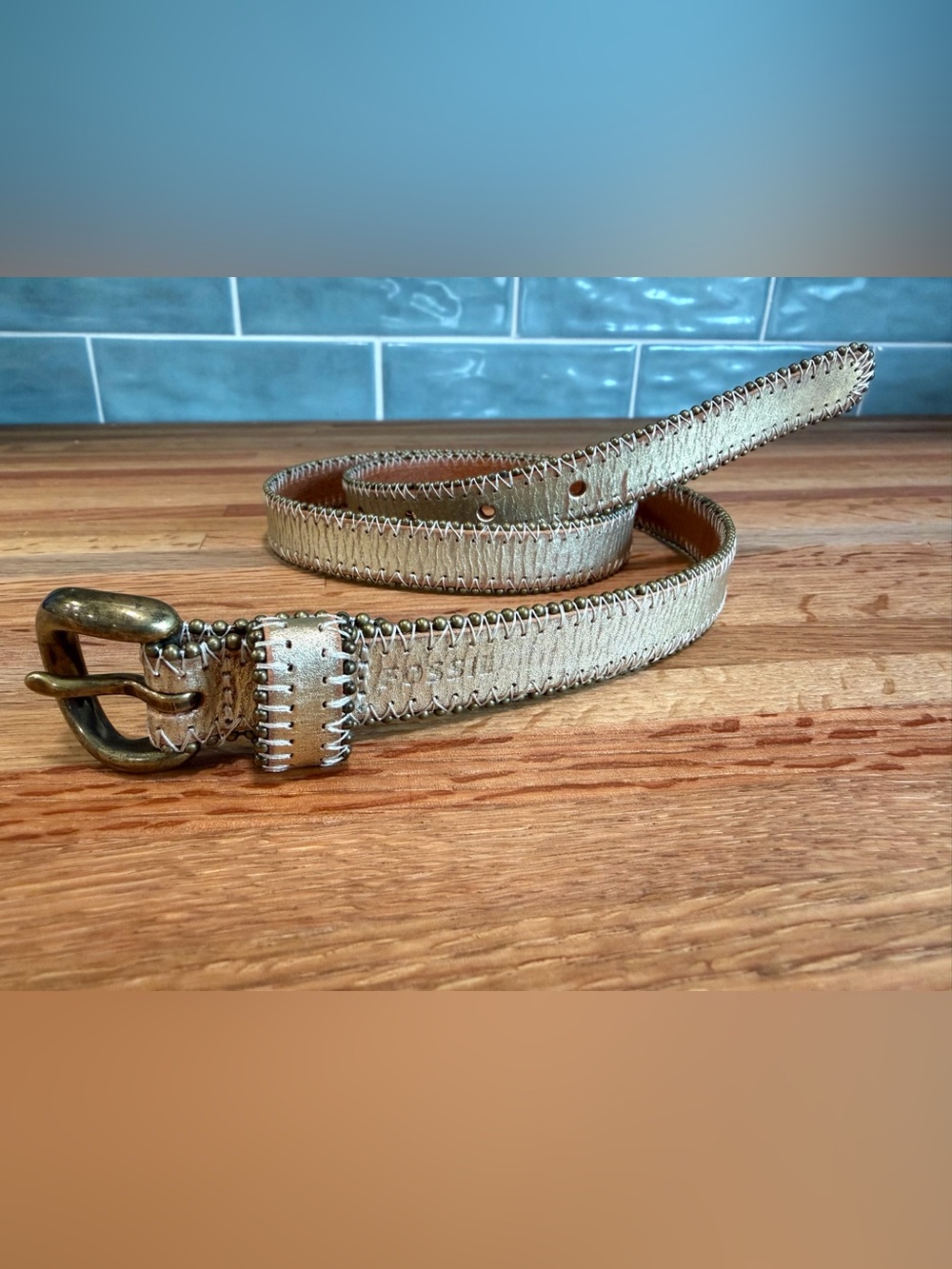 Fossil Gold Leather Belt Size Small